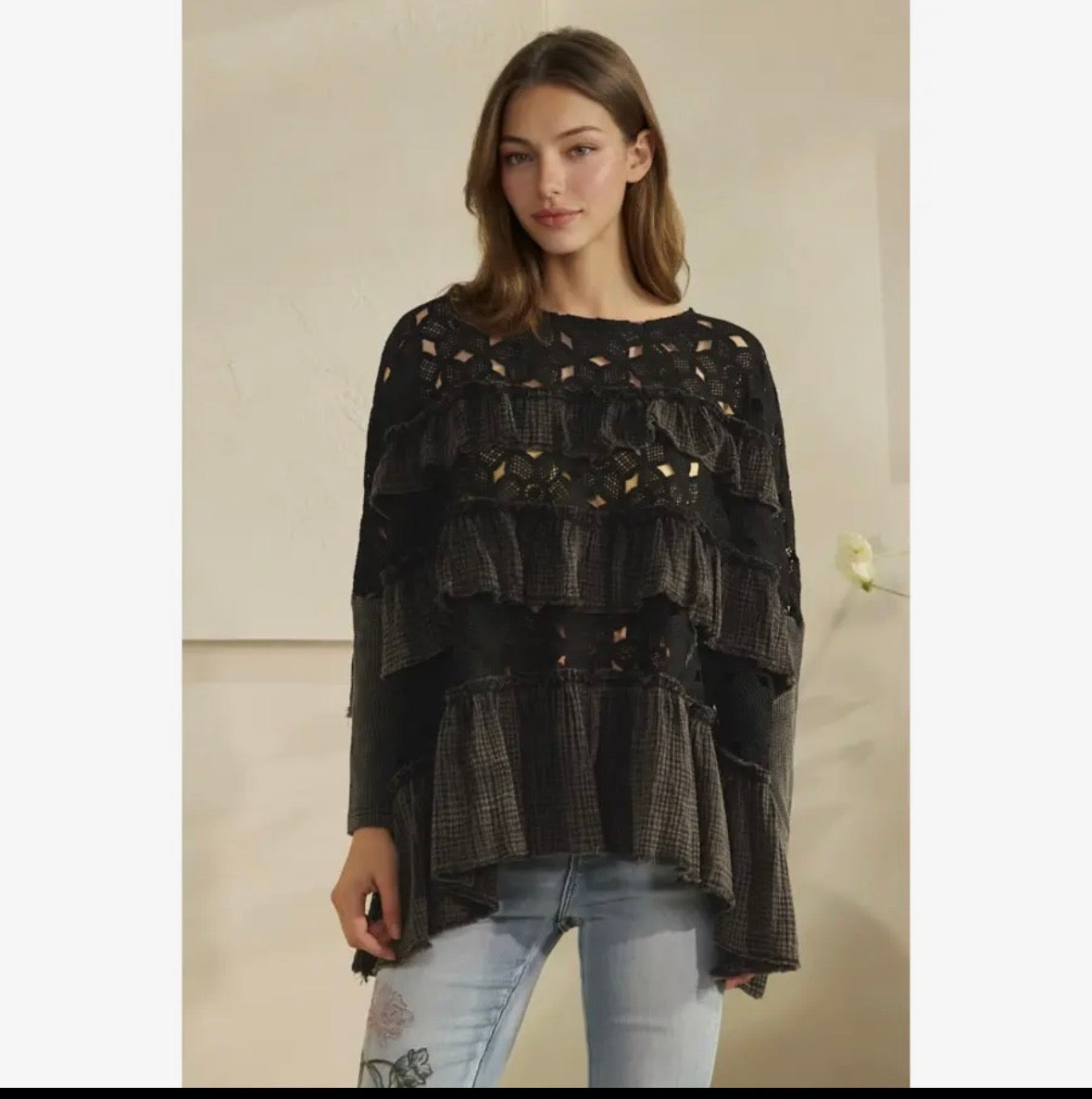 Washed eyelet tiered ruffle top