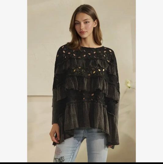 Washed eyelet tiered ruffle top