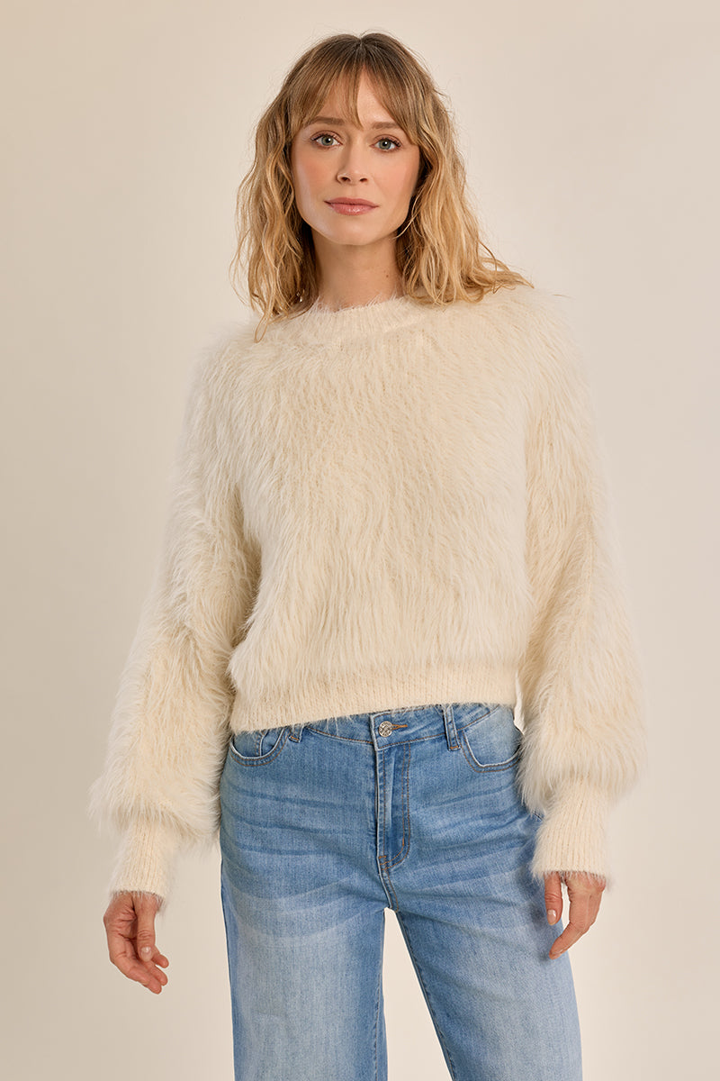 Crew neck furry sweater Ecru