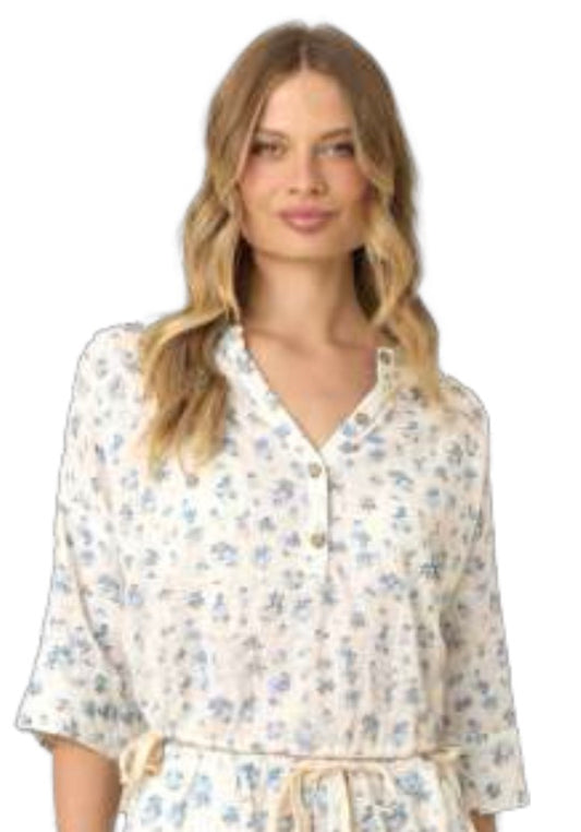 Blue Ditsy Floral Button Front Short Sleeve