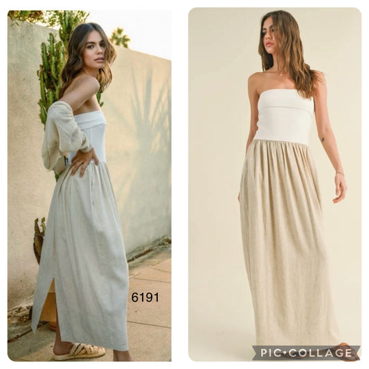 Ribbed strapless linen dress beige