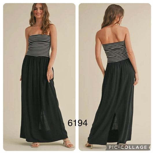 Ribbed strapless linen black white striped