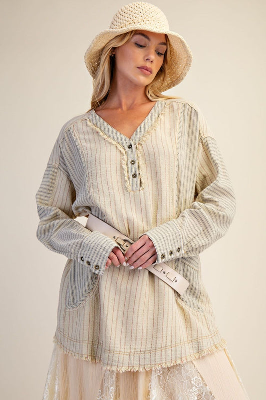 STRIPE MIX OVERSIZED WASHED LINEN TUNIC