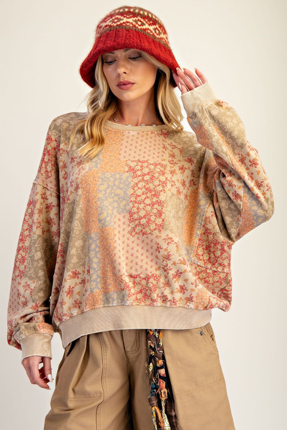 FLORAL PRINTED WASHED TERRY PULLOVER plus