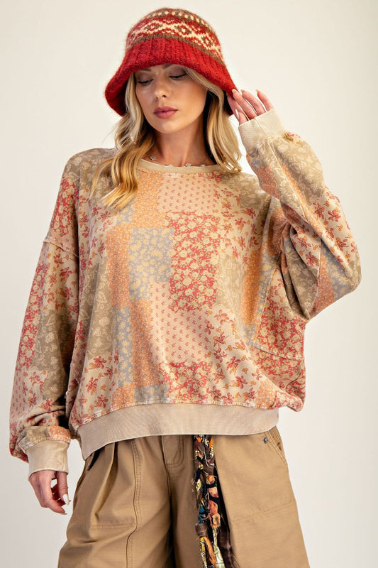 FLORAL PRINTED WASHED TERRY PULLOVER