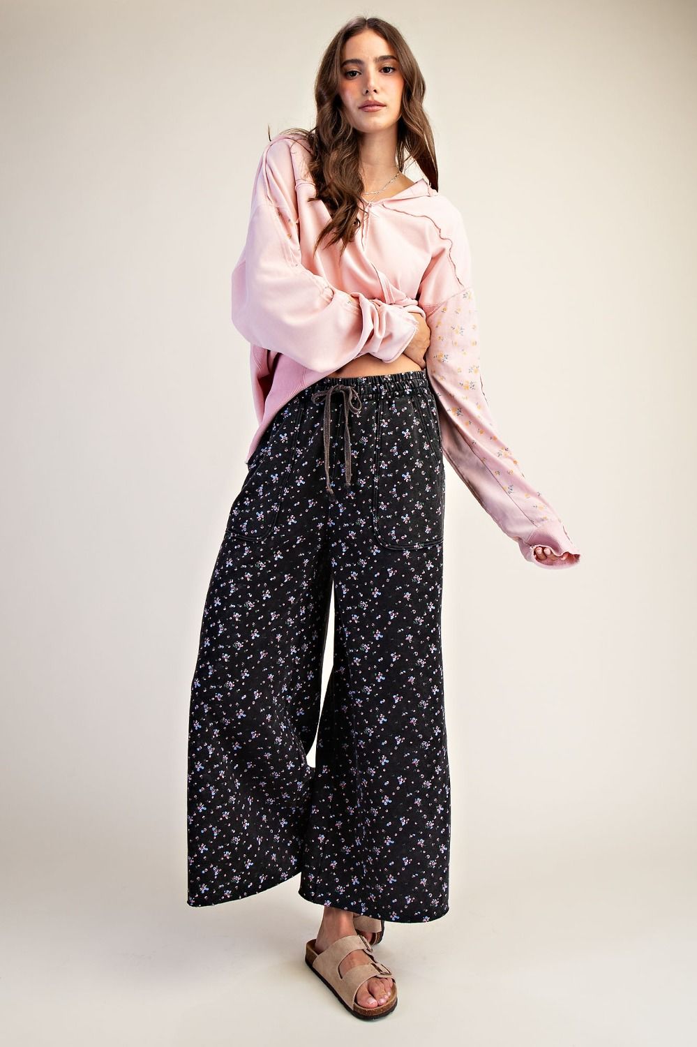 FLORAL PRINT WASHED TERRY PANTS