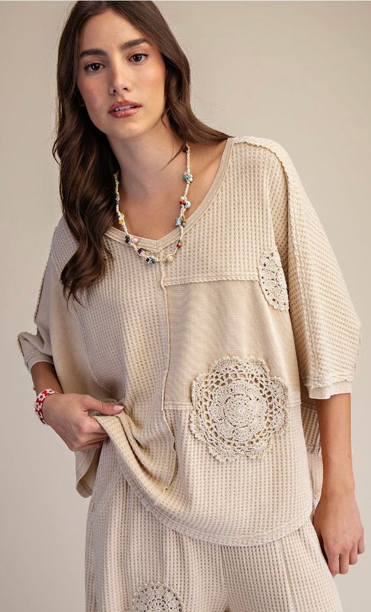 CROCHET PATCH DETAILING WASHED THERMAL TOP