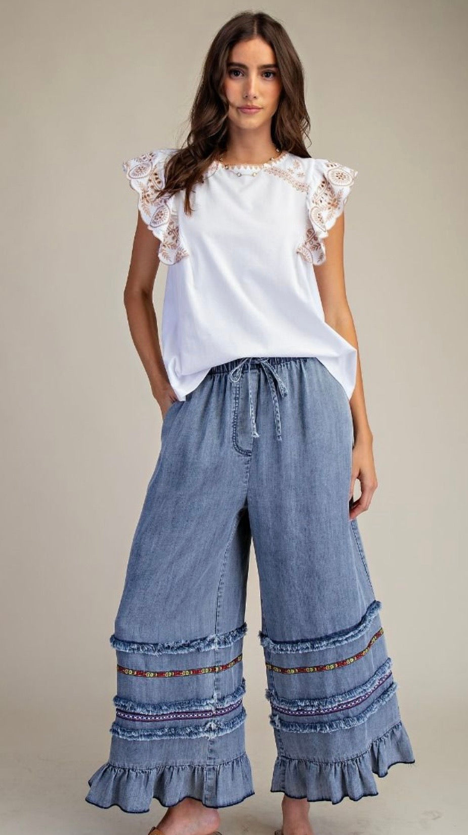RUFFLE BOTTOM STONE WASHED CHAMBRAY PANTS