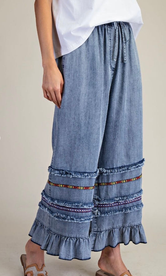 RUFFLE BOTTOM STONE WASHED CHAMBRAY PANTS