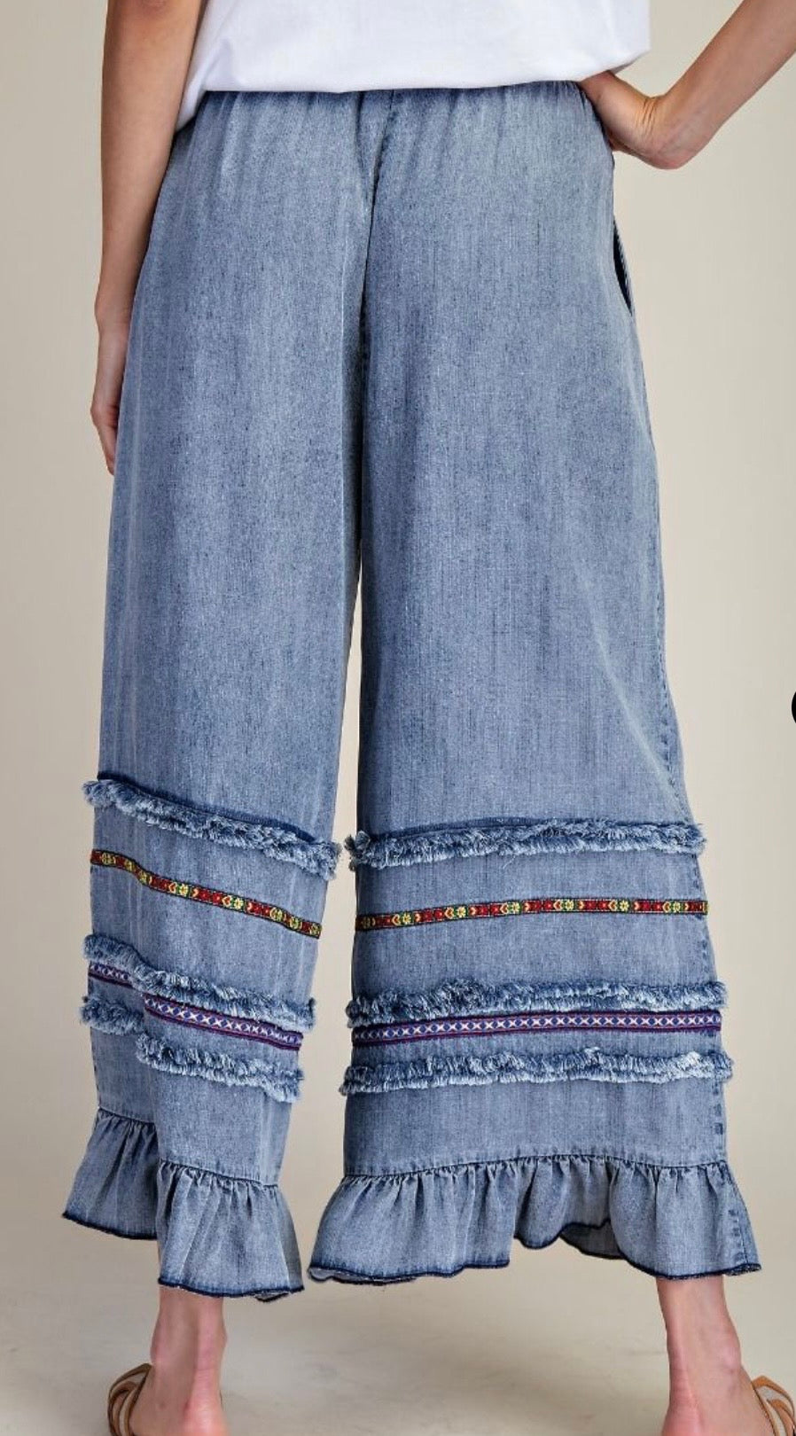 RUFFLE BOTTOM STONE WASHED CHAMBRAY PANTS