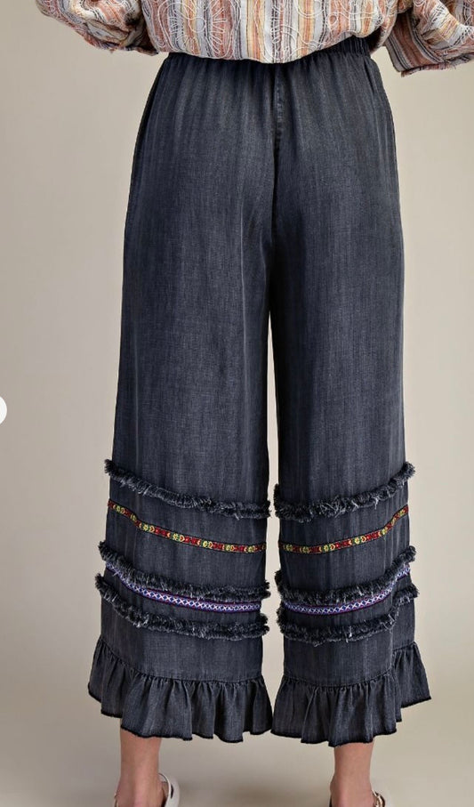 RUFFLE BOTTOM STONE WASHED CHAMBRAY PANTS