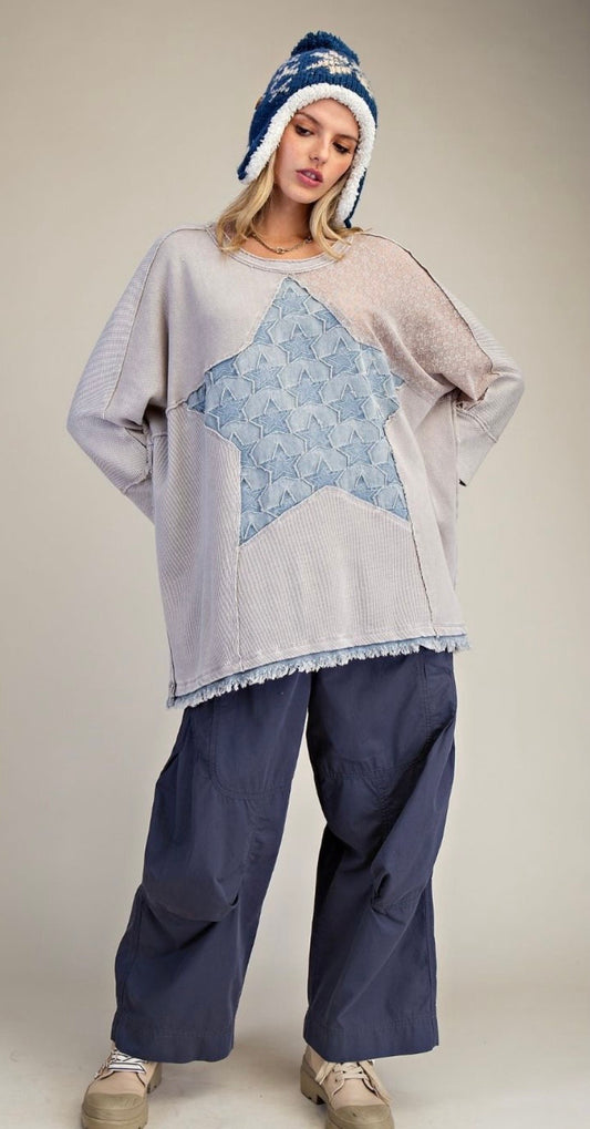 STAR PATCH DETAILING WASHED WAFFLE KNIT TOP