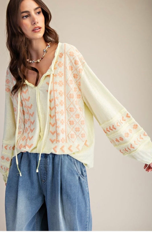 EMBROIDERED COTTON KNIT TOP