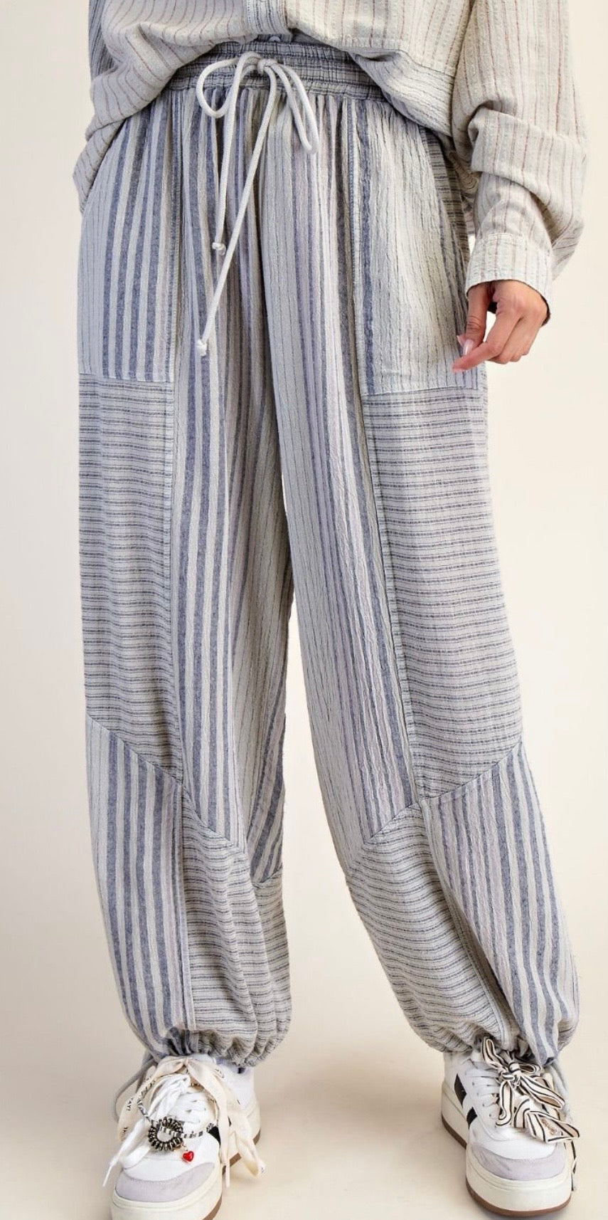 STRIPE MIX WASHED LINEN PANTS