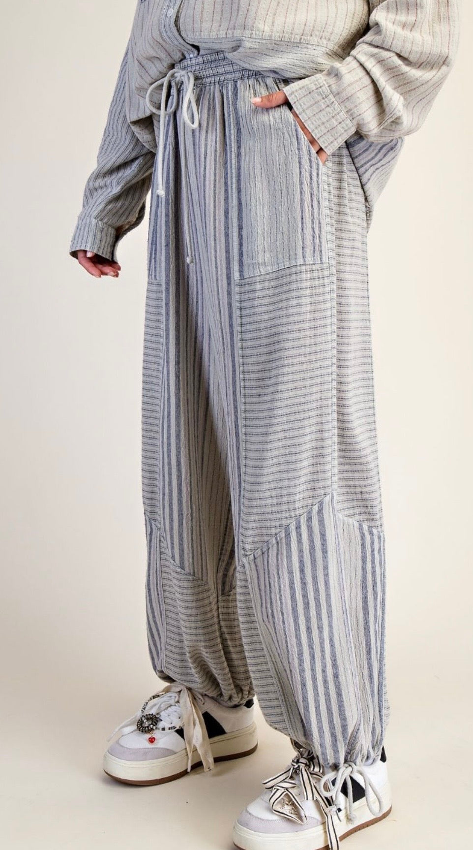 STRIPE MIX WASHED LINEN PANTS