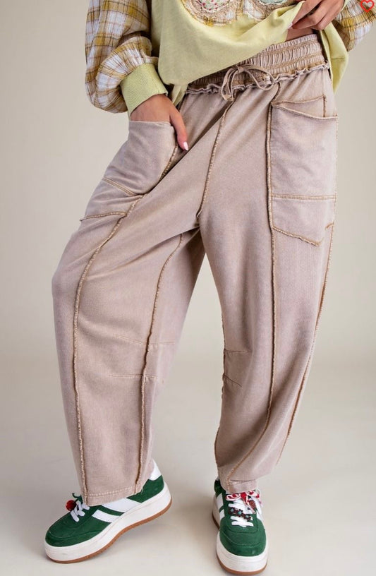 MINERAL WASHED TERRY KNIT BARREL PANTS