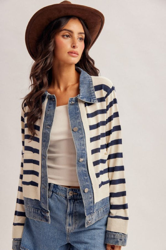 Denim Contrast Stripe Sweater Jacket