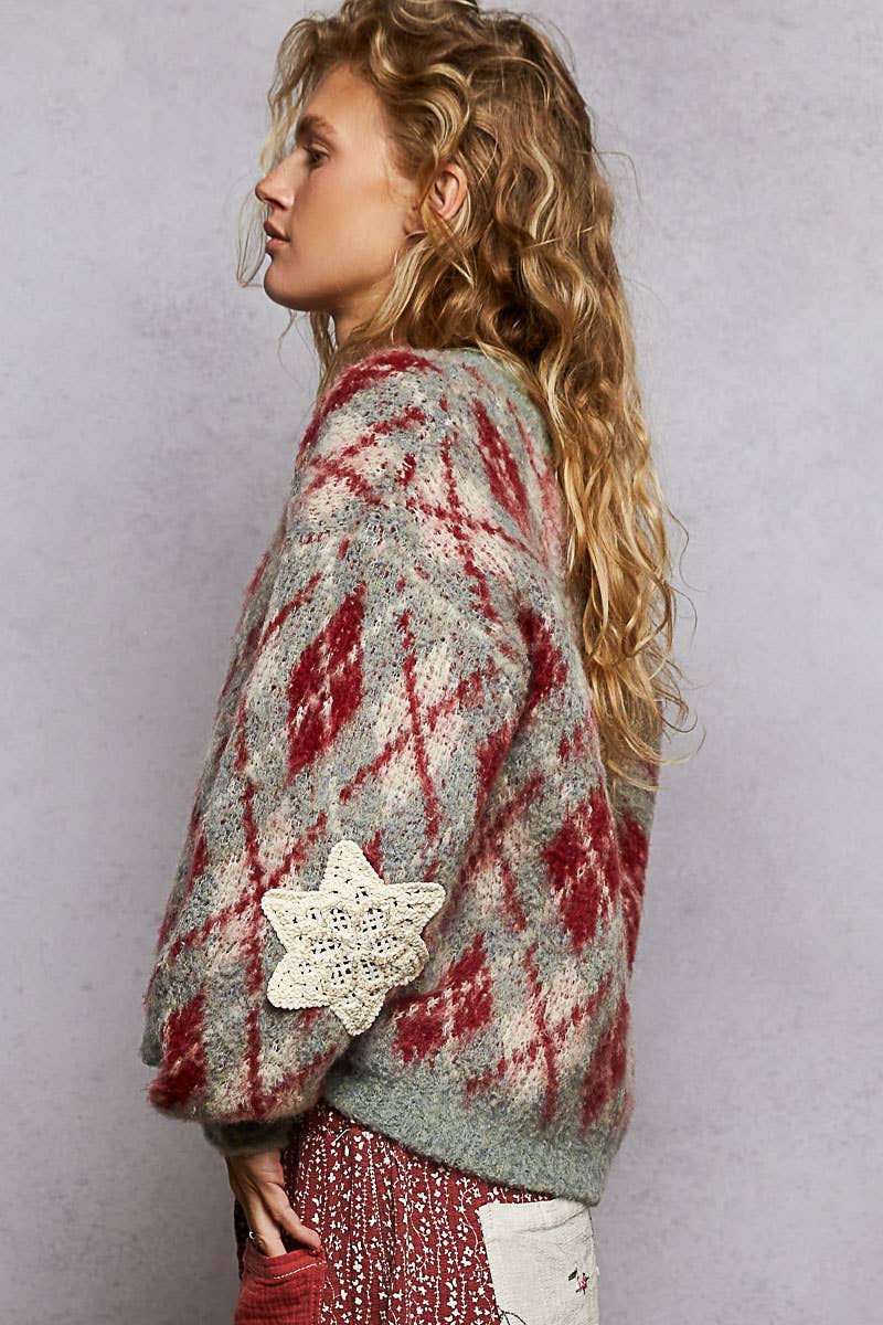 Round neck balloon sleeve Argyle mohair sweater top