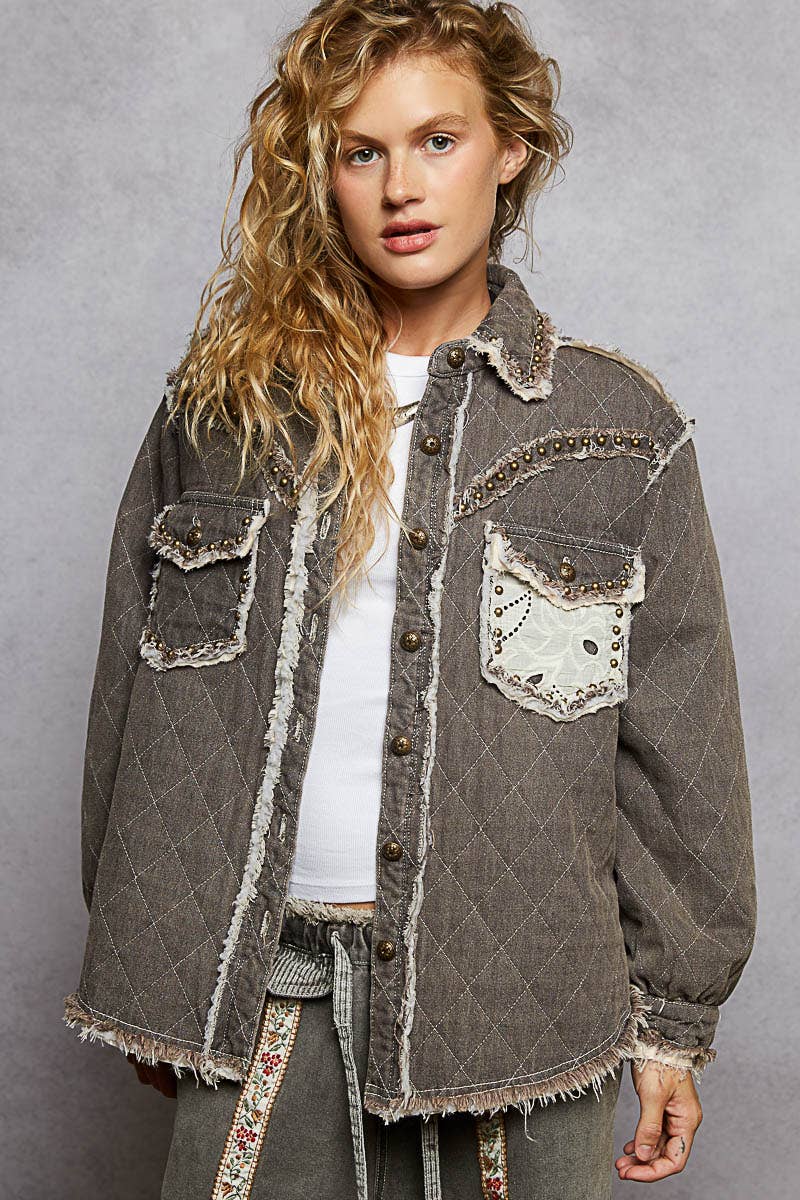 Long sleeve Western-inspired yoke studded lace panel jacket