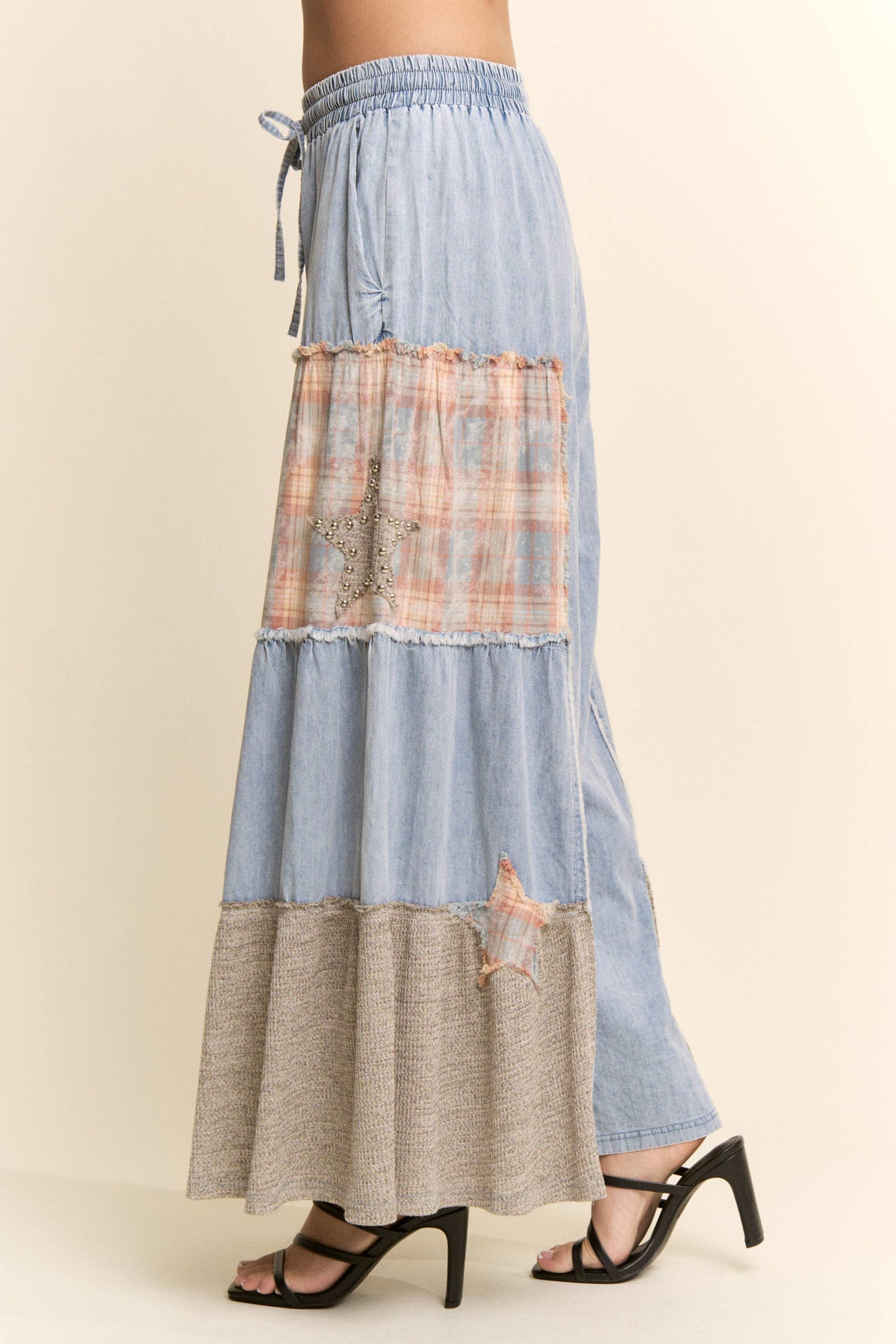 PLUS PRINTED DENIM LACE BLOCKED WIDE LEG PANTS
