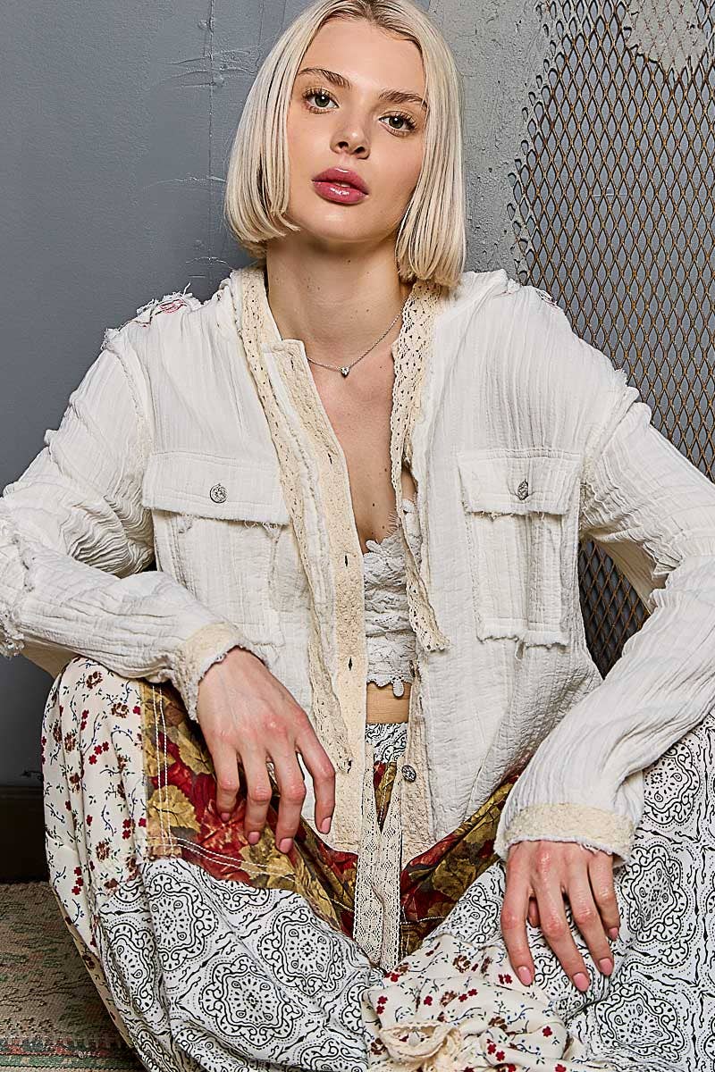 Vintage washing double gauze stitch detail hoodie jacket