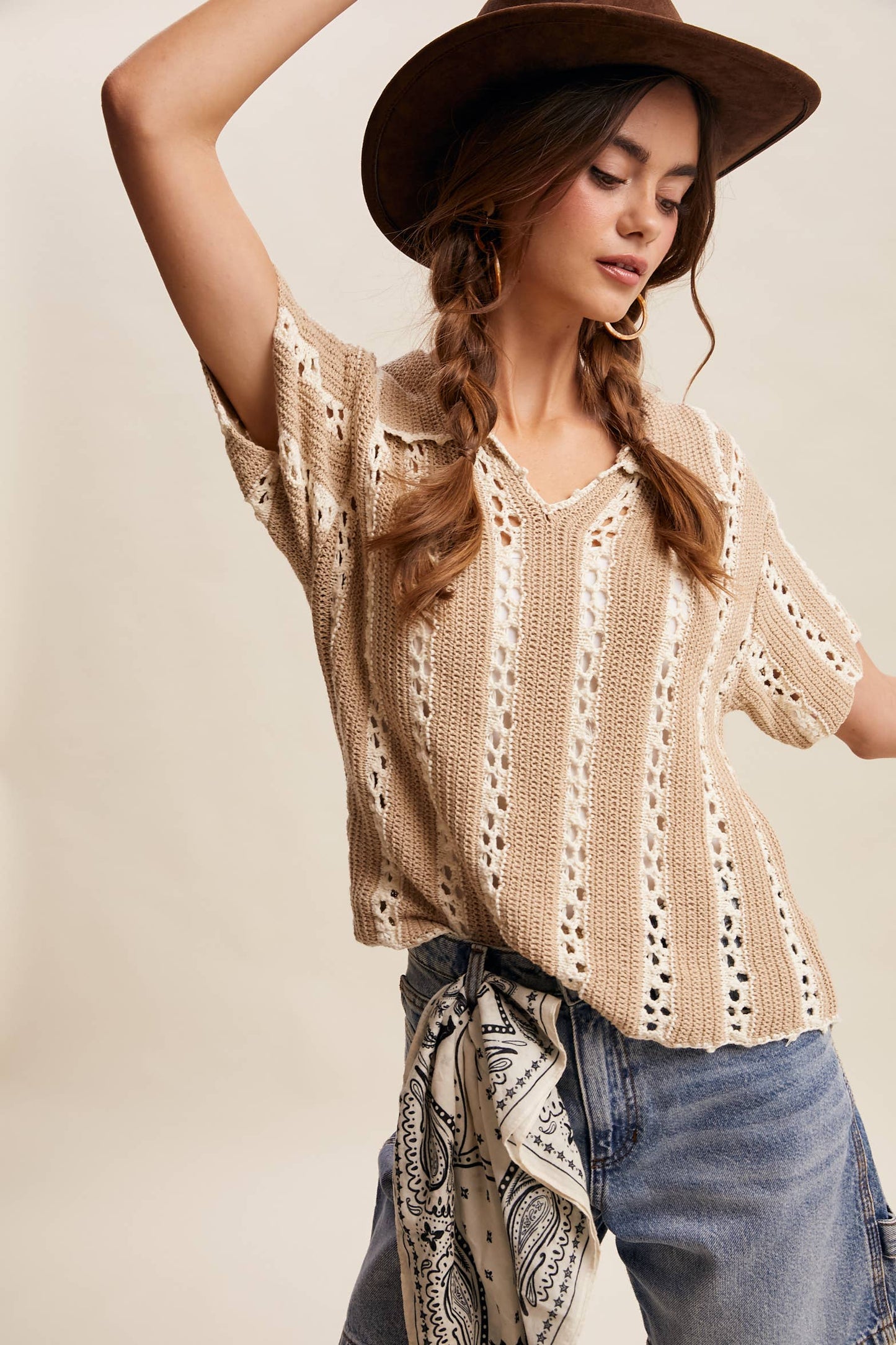 Crochet Stripe Knit Collar Top