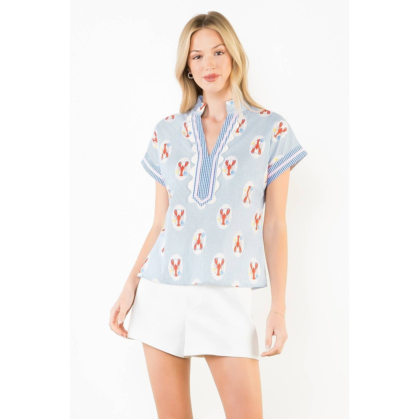 Short Sleeve Lobster Detail Striped Top