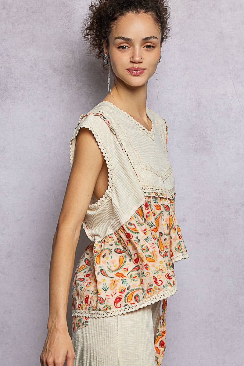 V-neck Floral Pattern Trim Ruffle Rib Knitted Sleeveless Top