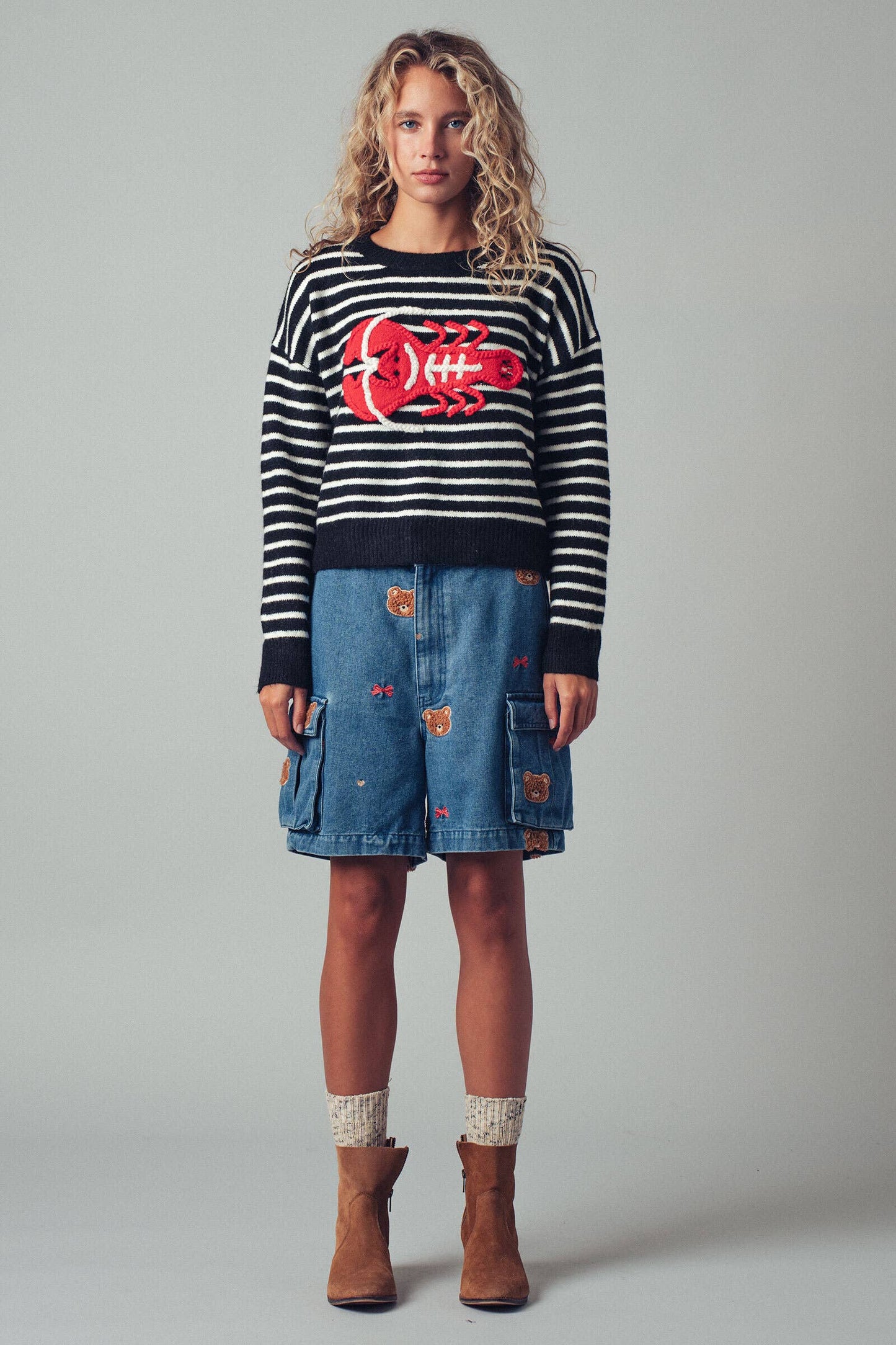 Embroidered Red Lobster Nautical Statement Sweater navy/ivory