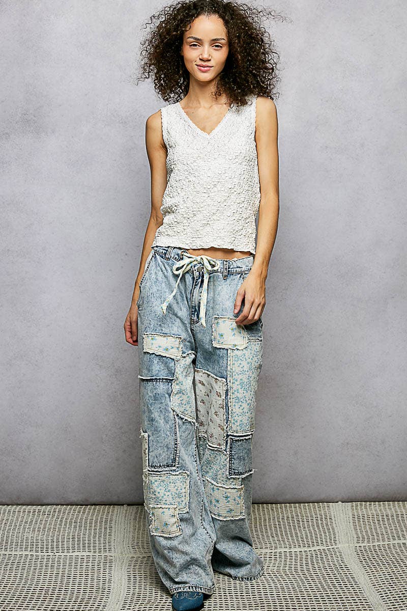 Patchwork Detail Denim Straight Fit Pants