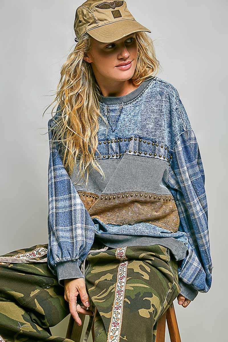 Stud French Terry Plaid Top