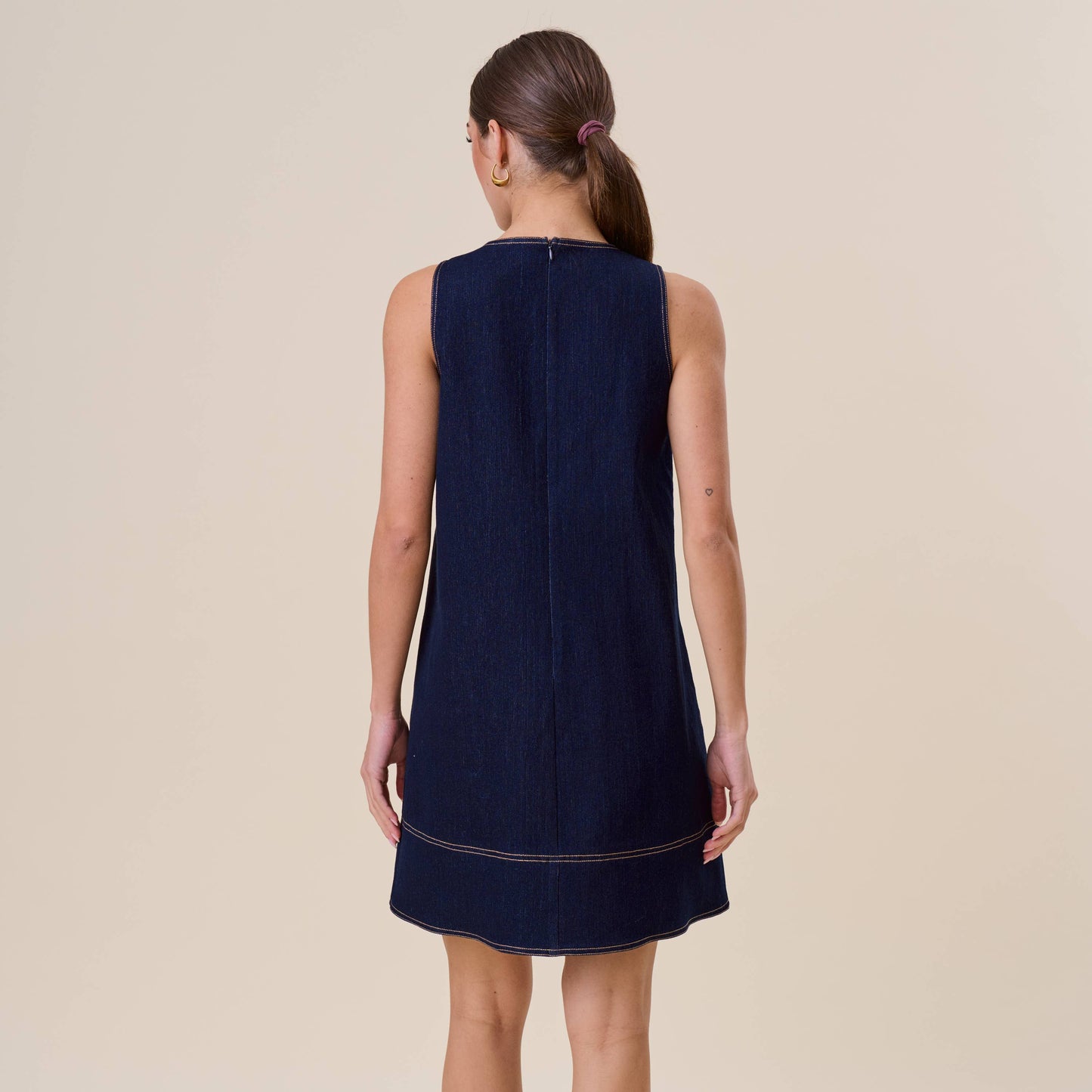 Embroidered stretch denim mini shift dress