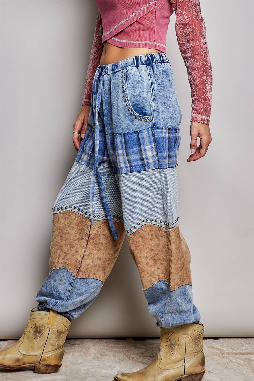 French Terry Plaid Patch Pants