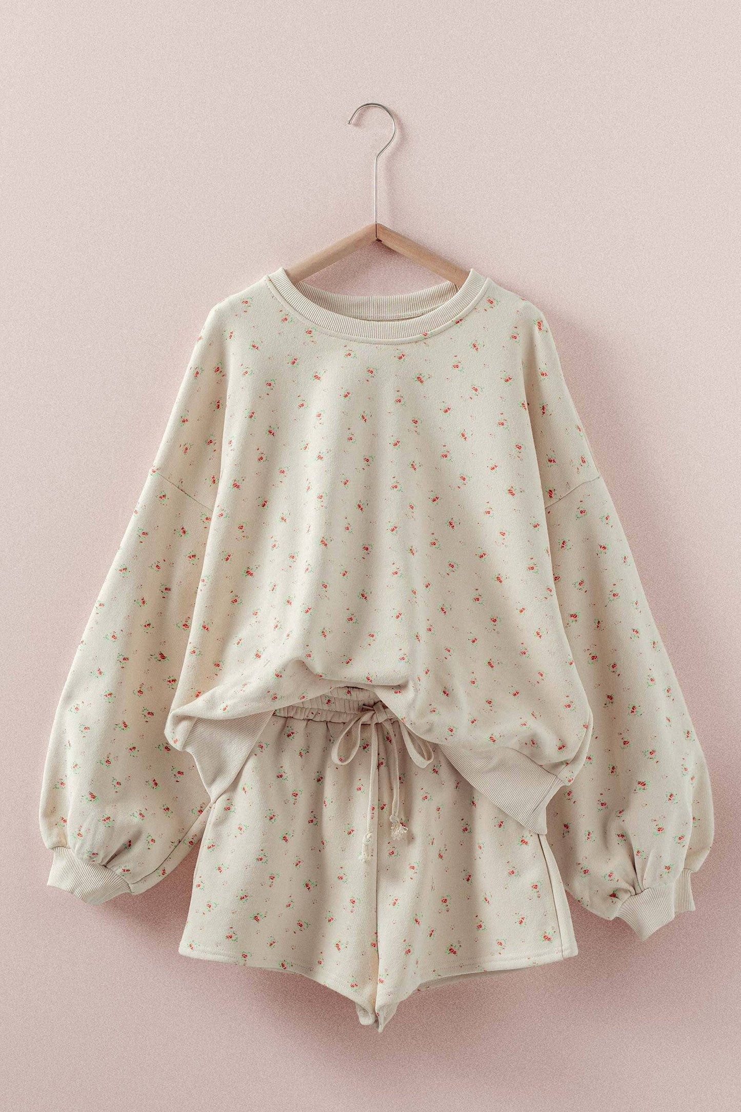 Floral Balloon Sleeve Sweatshirt and Shorts Set