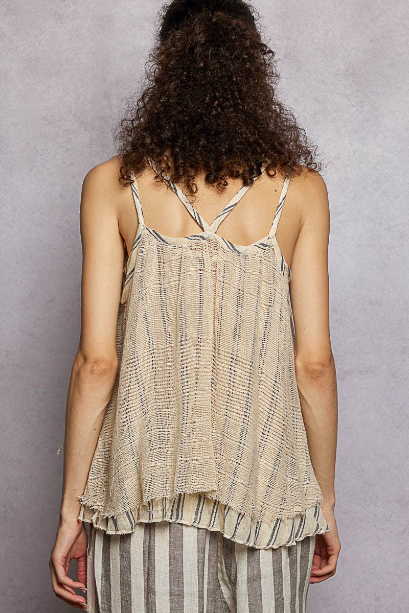 Crochet Wrap Stripe Linen Round Neck Sleeveless Top