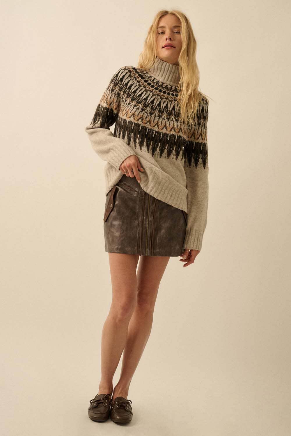 Fair Isle Knit Mock-Neck Sweater