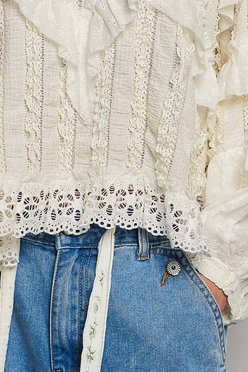 Eyelet Ruffle Raw Edge Trim Lace Solid Knit Top
