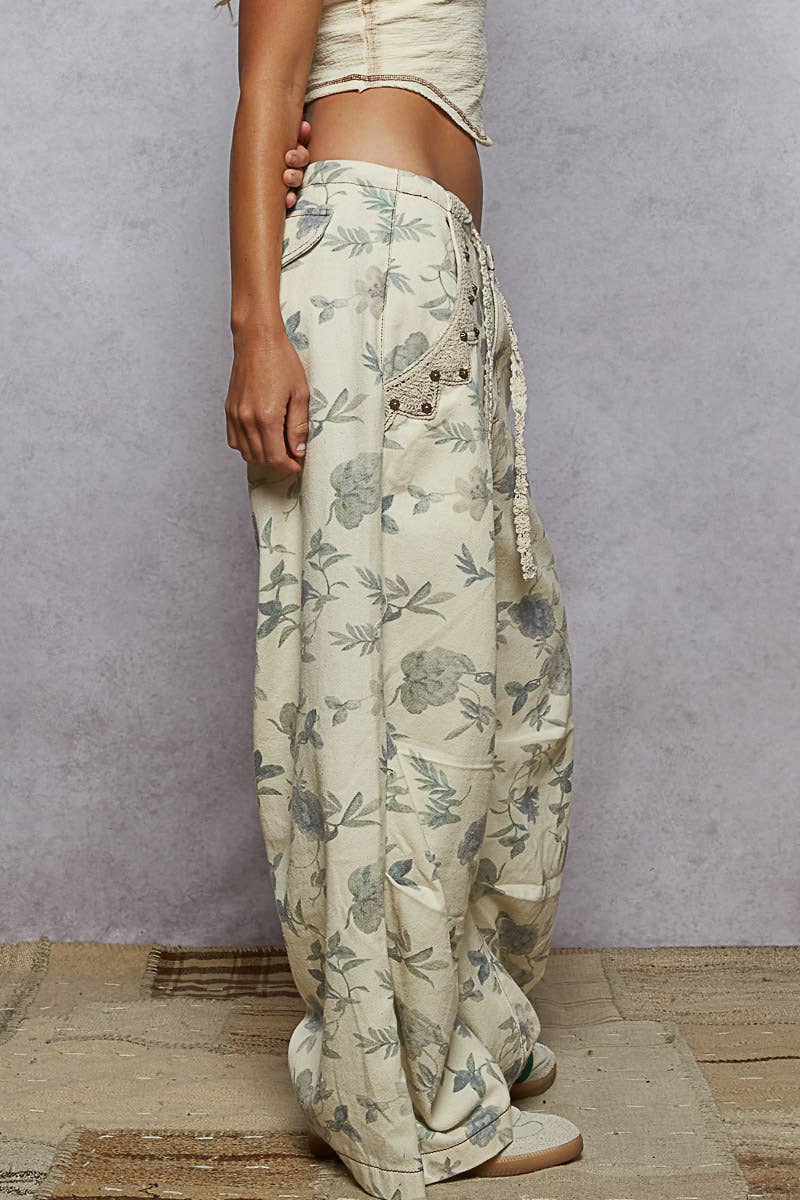 Lace drawstring detail printed twill woven pants