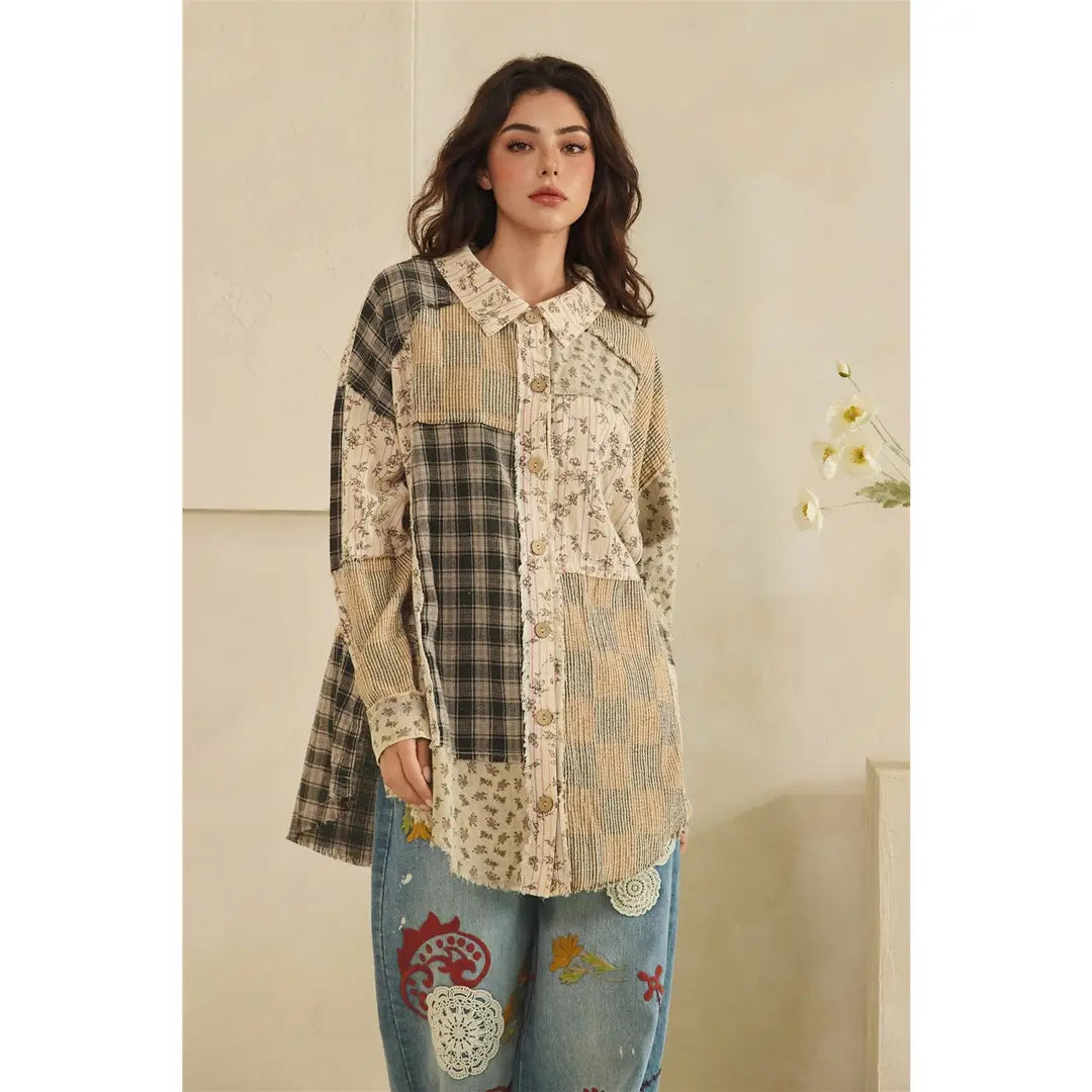 Washed Fabric Mix Collard Buttondown Top