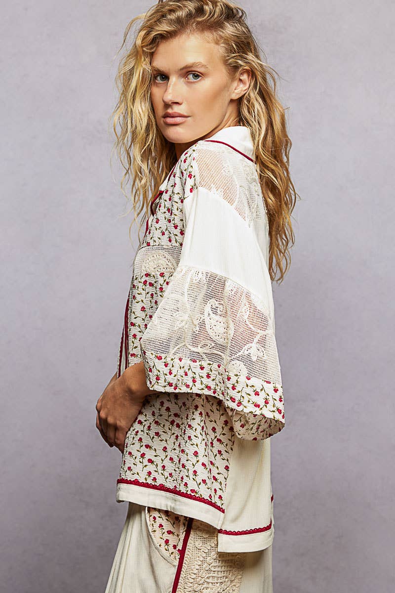 Short Sleeve Solid Floral Printed Button-Down Shirt Top