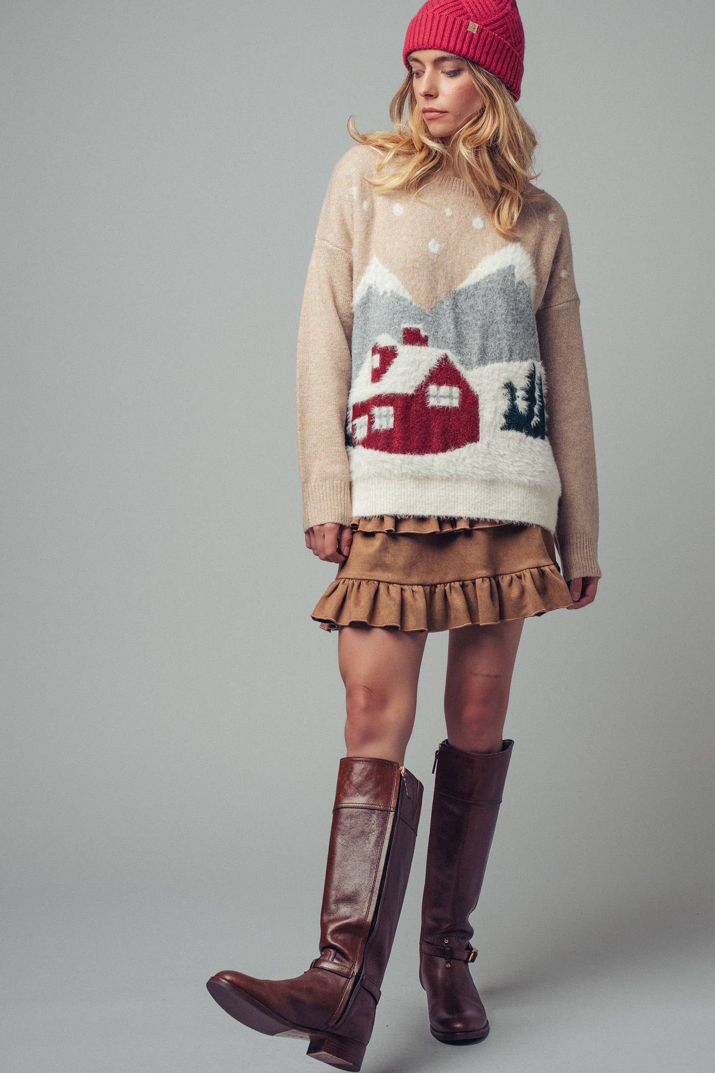 Fuzzy Winter Scene Intarsia Knit Sweater