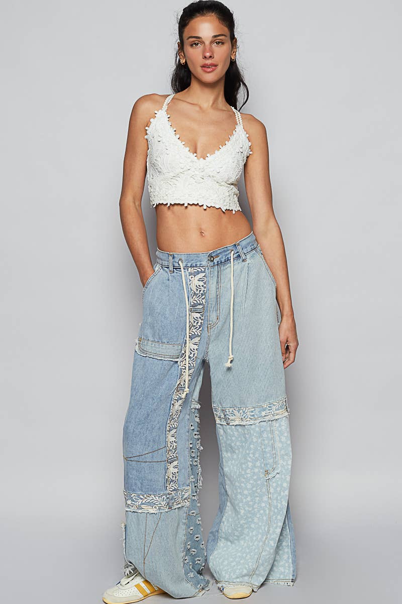 Lace-Overlay Printed Patchwork Contrast Denim Waistband Pant