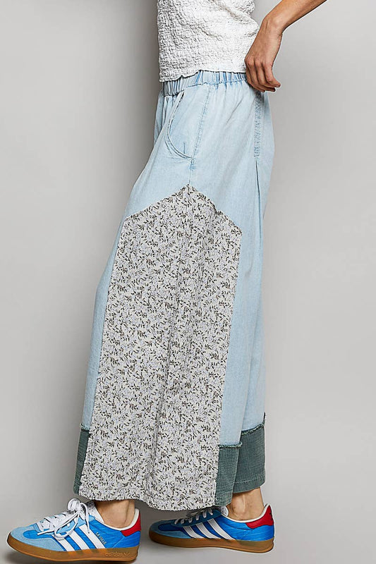 Floral Patch Elastic Waist Wide Pants