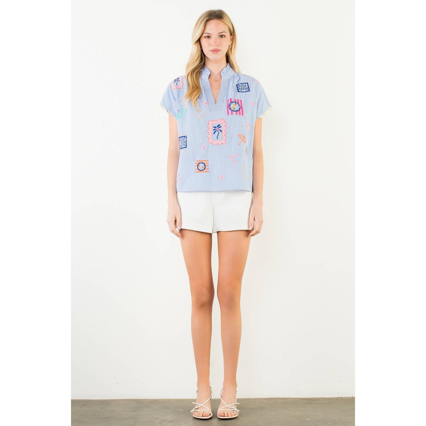 Short Sleeve Embroidery Detail Gingham Top