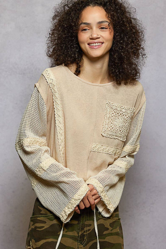 Round Neck Long See Through Sleeve Crochet Solid Knit Top