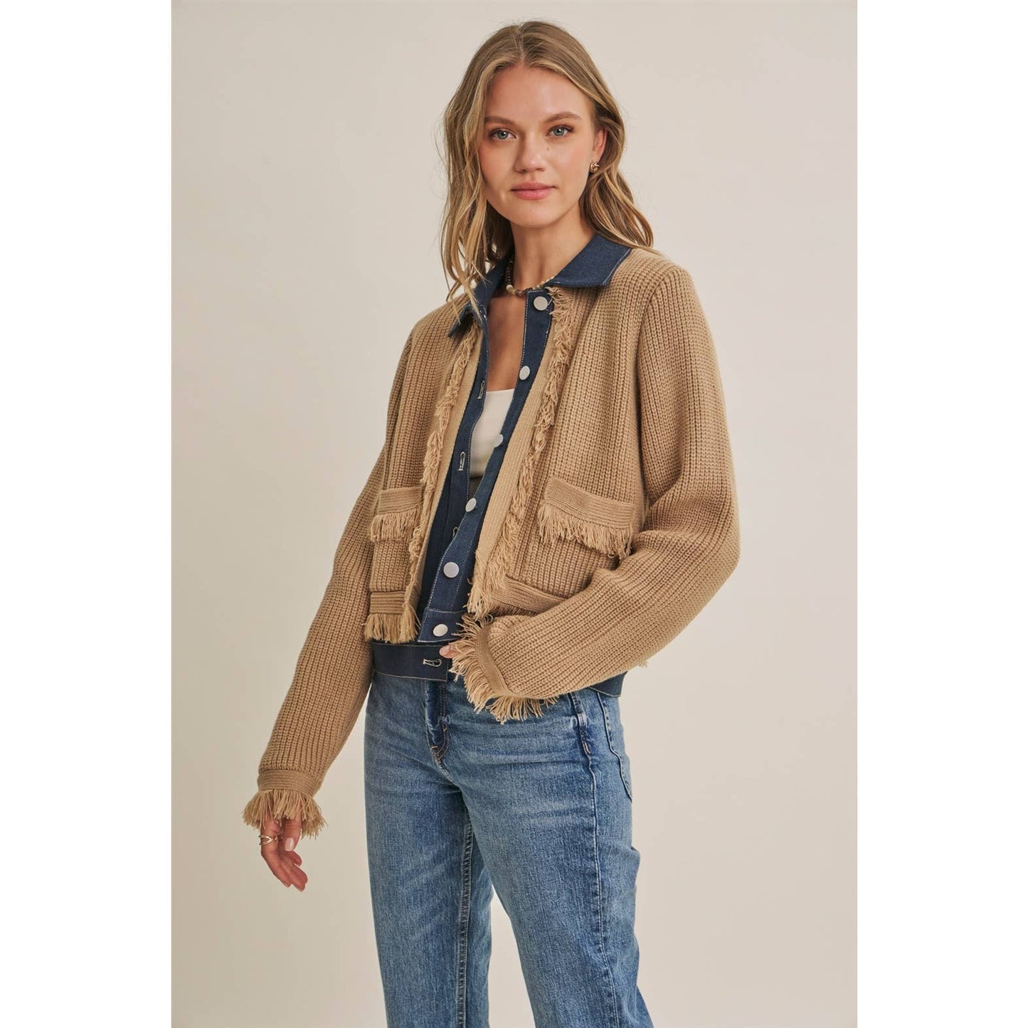 Denim  Layered Fringe Cardigan Jacket
