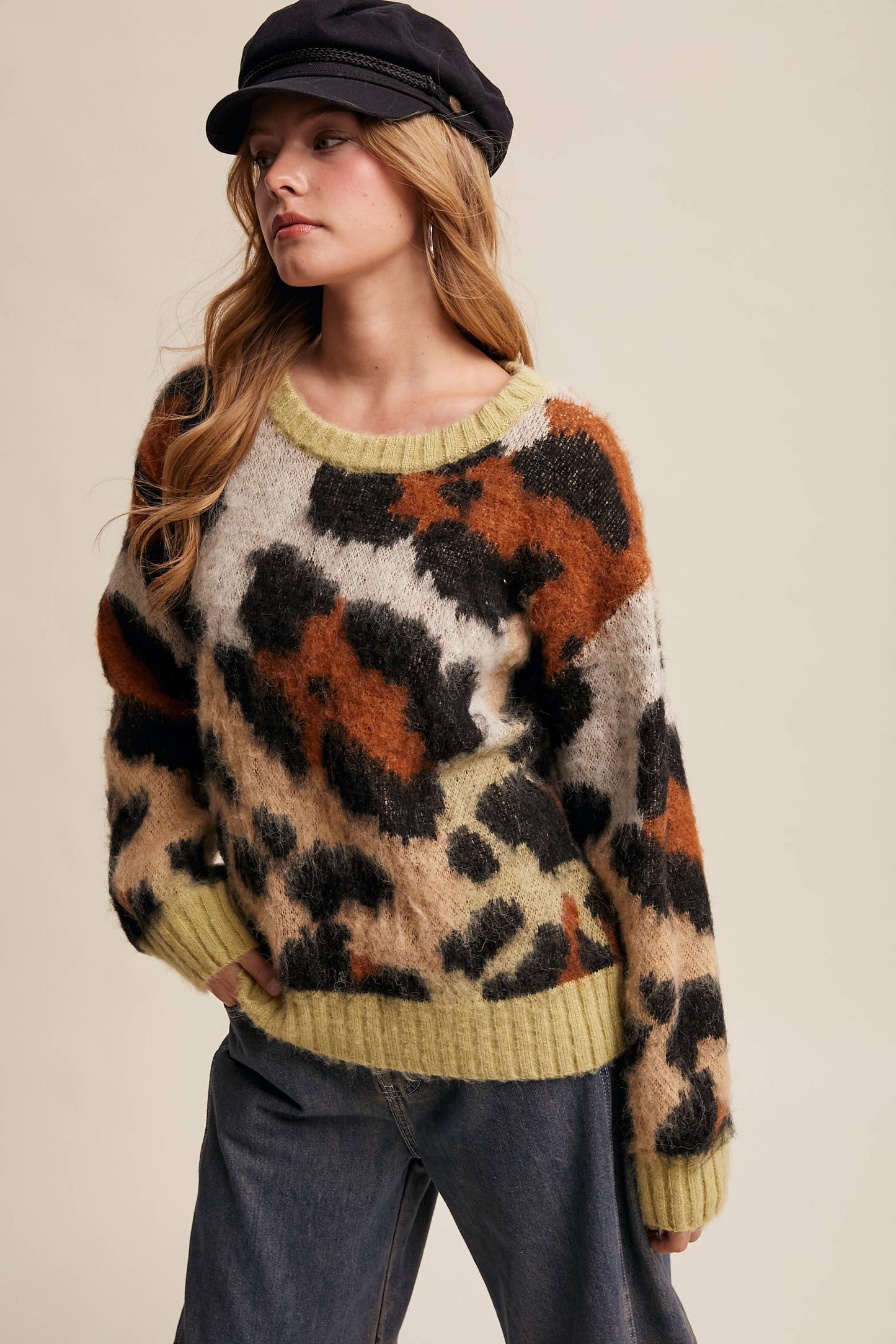 Fuzzy Abstract Leopard Knit Pullover Sweater LSW1005