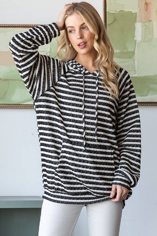 Plus Stripe Jacquard Long Puff Sleeve Hoodie Top
