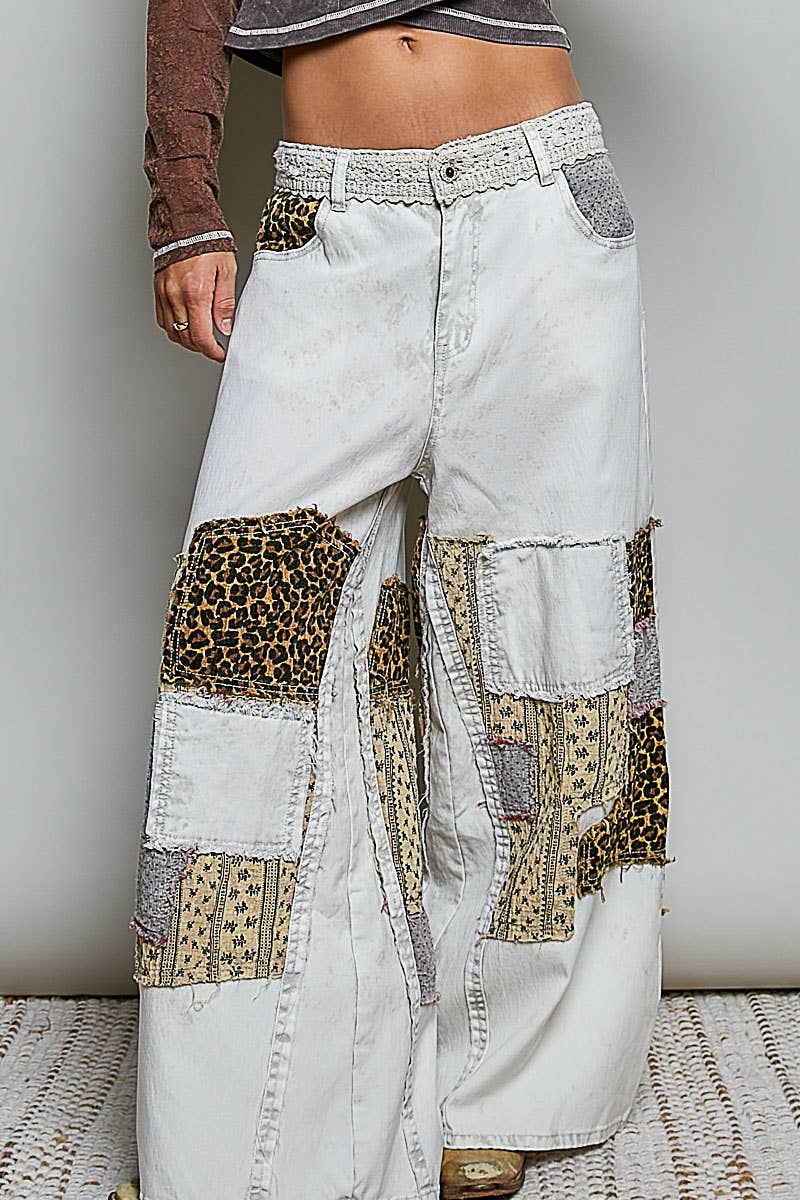 Handcrafted Vintage DIY Patchwork-Style Waistband Wide Pant