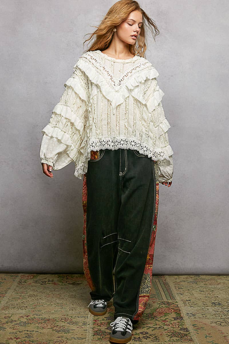 Eyelet Ruffle Raw Edge Trim Lace Solid Knit Top
